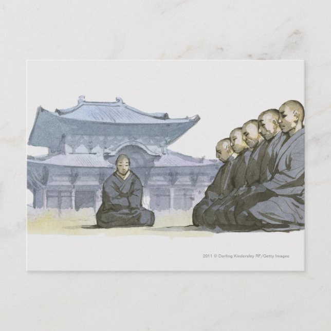 Zen Buddhist monks kneeling outside temple Postcard (Front)