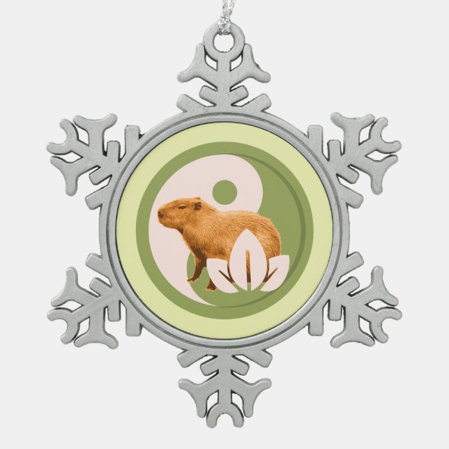 Zen Capybara Yin Yang Snowflake Pewter Christmas Ornament (Front)