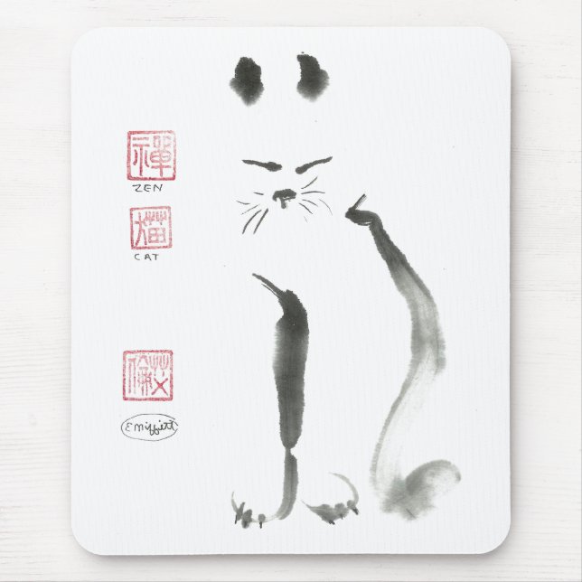 Zen Cat Meditation -  Sumi-e [ink painting] Mouse Pad (Front)