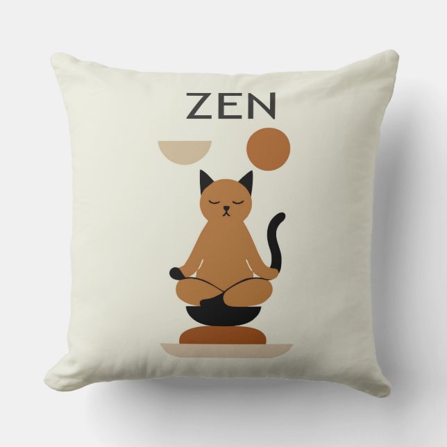 Zen Cat Meditation Throw Pillow – Cute Minimalist  (Front)