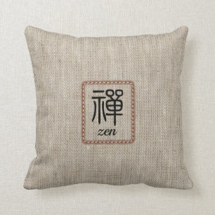 Zen Chinese calligraphy beige faux burlap cushion
