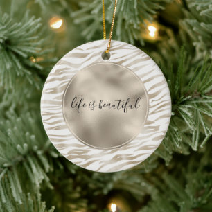 Zen Cream White Cocoa Brown Zebra Print Ceramic Ornament