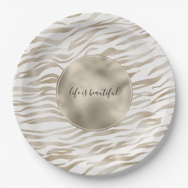 Zen Cream White Cocoa Brown Zebra Print Paper Plate (Front)