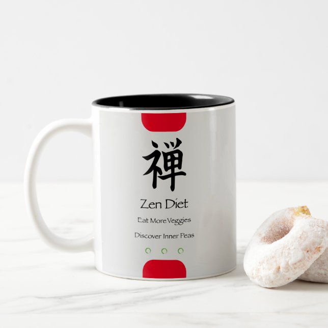 Zen Diet Eat More Veggies Grey BG Two-Tone Coffee Mug (With Donut)