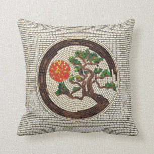 Zen Enso Circle and Bonsai Tree Mosaic Cushion