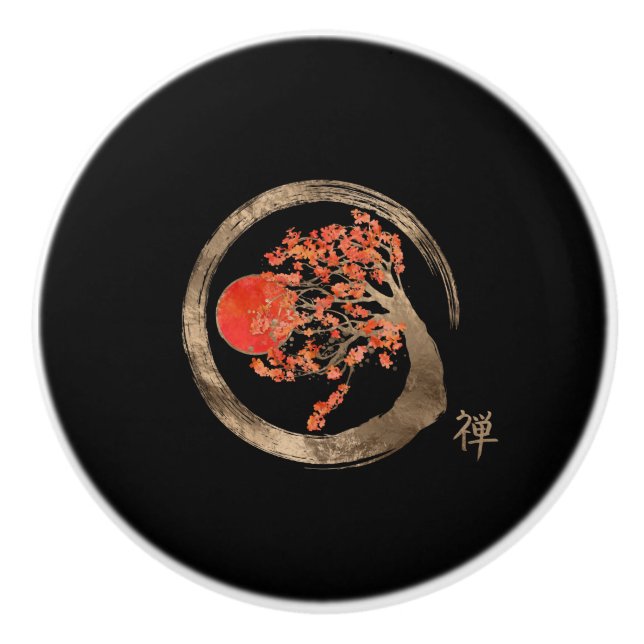 Zen Enso Circle and Golden Sakura Tree Ceramic Knob (Front)
