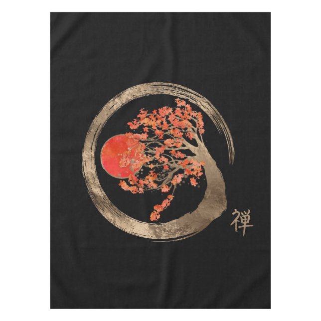 Zen Enso Circle and Golden Sakura Tree Tablecloth (Front)