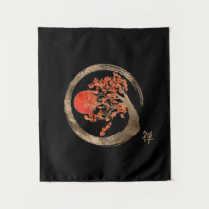 Zen Enso Circle and Golden Sakura Tree Tapestry