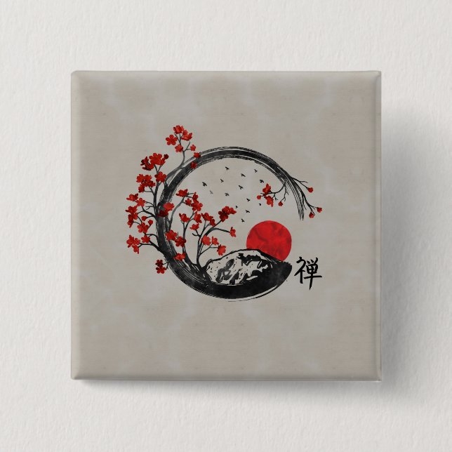 Zen Enso Circle and Sakura Branches 15 Cm Square Badge (Front)