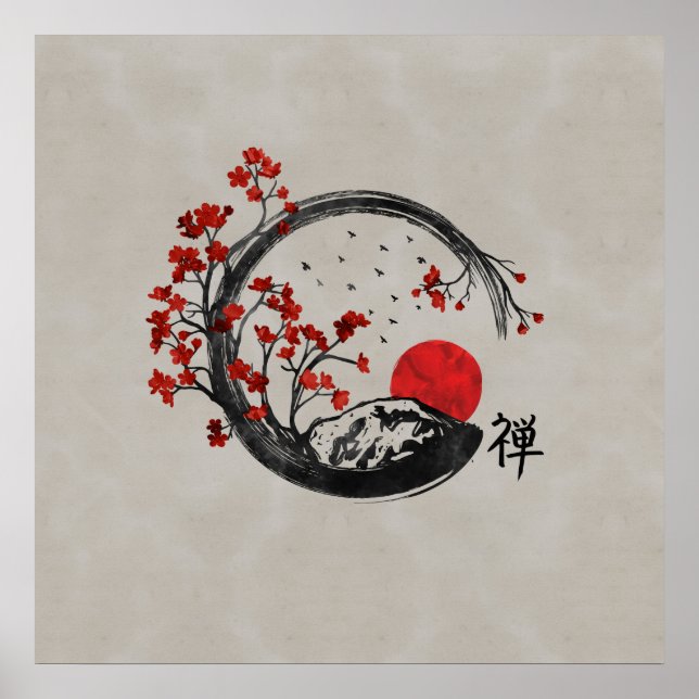 Zen Enso Circle and Sakura Branches Poster (Front)
