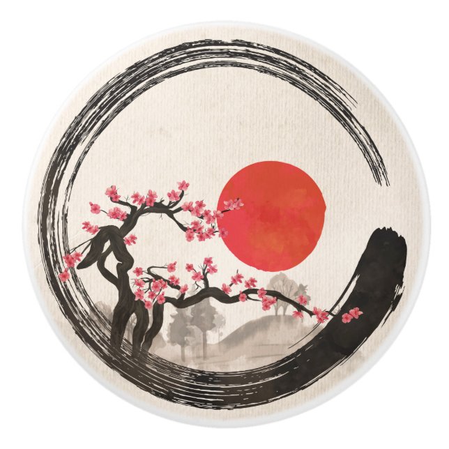 Zen Enso Circle and Sakura Tree Ceramic Knob (Front)
