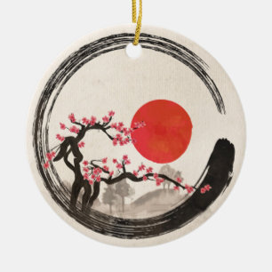 Zen Enso Circle and Sakura Tree Ceramic Ornament