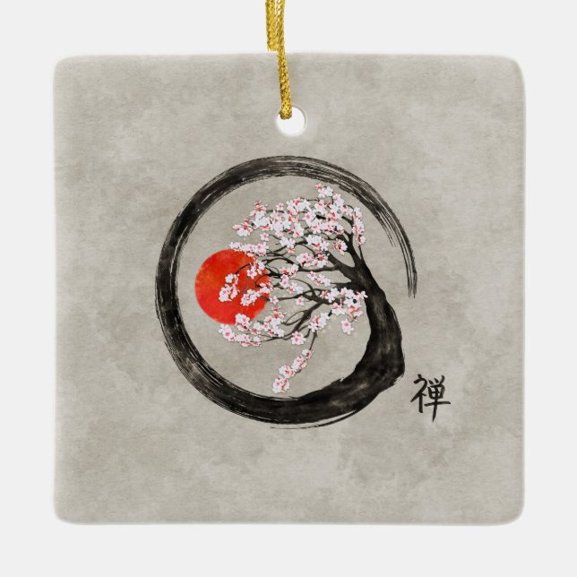 Zen Enso Circle and Sakura Tree on Canvas Ceramic Ornament (Front)