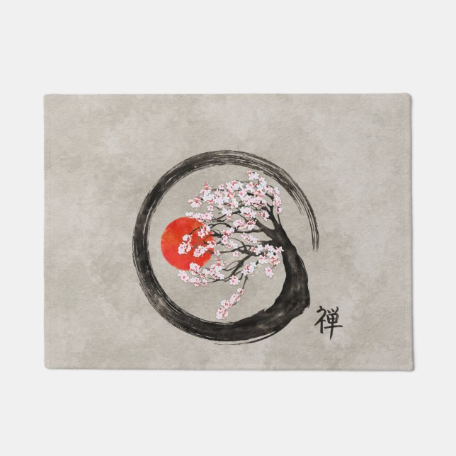 Zen Enso Circle and Sakura Tree on Canvas Doormat (Front)