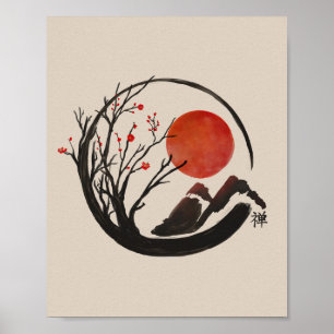 Zen Enso Circle and Sakura Tree Poster