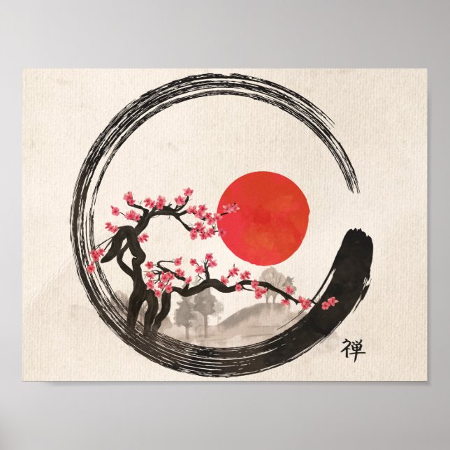 Zen Enso Circle and Sakura Tree Poster (Front)