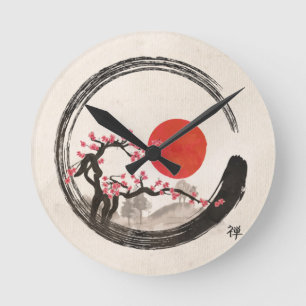 Zen Enso Circle and Sakura Tree Round Clock