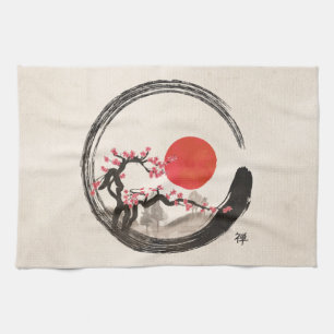 Zen Enso Circle and Sakura Tree Tea Towel