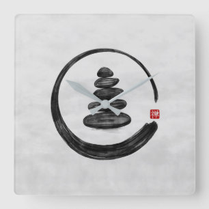 Zen Enso Circle and Zen stones - Watercolor Square Wall Clock