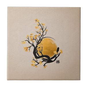 Zen Enso Circle, Golden Sun and Sakura Blossom Ceramic Tile