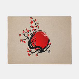Zen Enso Circle, Sun and Red Sakura Blossom Doormat