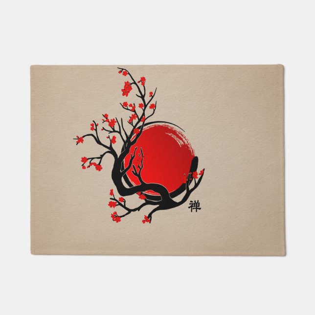 Zen Enso Circle, Sun and Red Sakura Blossom Doormat (Front)