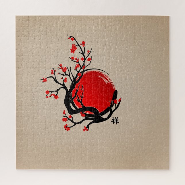 Zen Enso Circle, Sun and Red Sakura Blossom Jigsaw Puzzle (Vertical)