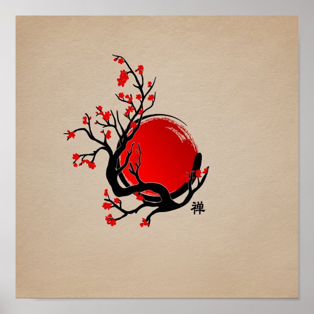 Zen Enso Circle, Sun and Red Sakura Blossom Poster (Front)