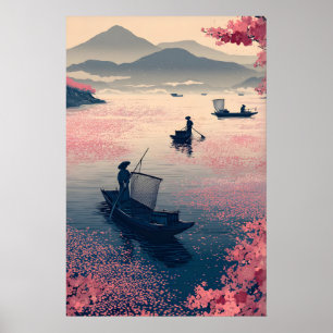 Zen Fishing Wall Art Calm Waterscape with Blossoms