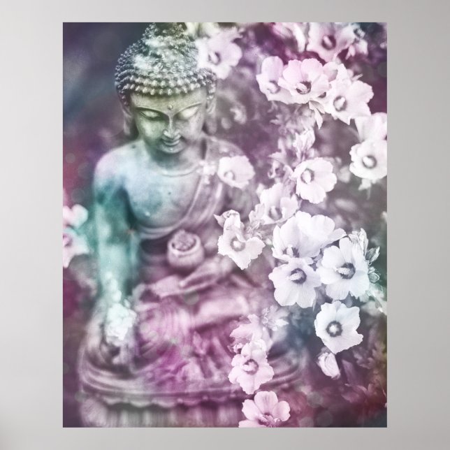 *~* Zen Floral Meditation Buddha Meditate Flowers Poster (Front)