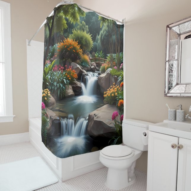  Zen Flower Garden with tree blooms and waterfall Shower Curtain (In Situ)