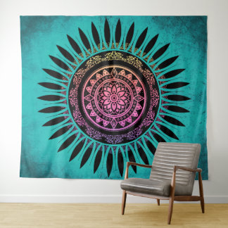 Zen Flower Mandala Blue & Pink Tapestry