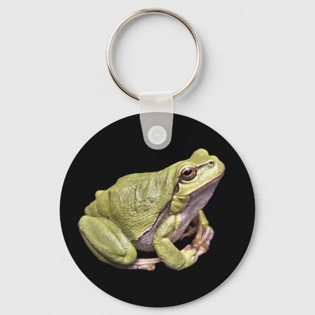 Zen Frog Cute Green Meditation Treefrog Black Key Ring (Front)