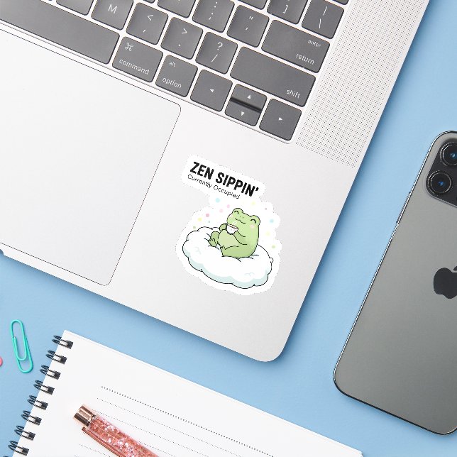Zen Frog Tea Sticker – Chill Cute Cloud Animal (Laptop w/ iPhone)