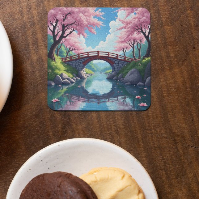 Zen Garden Bridge Cherry Blossom Reflection Square Paper Coaster (Creator Uploaded)