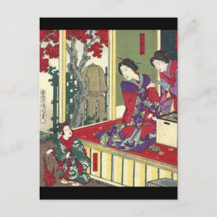 zen garden fall maple tree kimono japanese geisha postcard