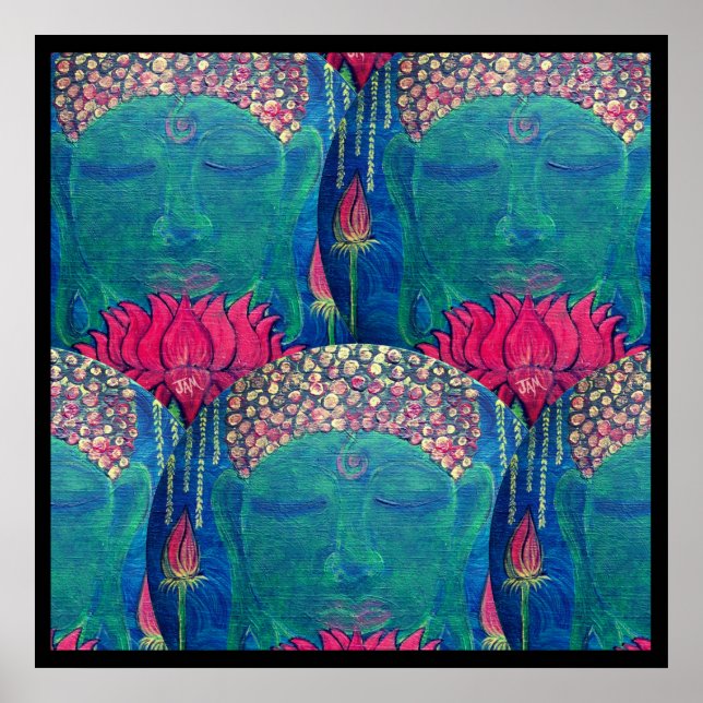 Zen Green Buddha Face Red Lotus Spiritual Poster (Front)