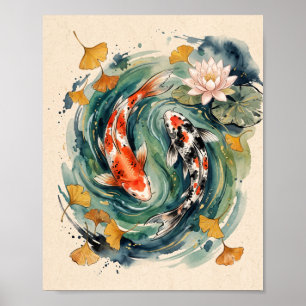 Zen Koi Fish Watercolor Painting Gold Ginkgo Leaf Poster