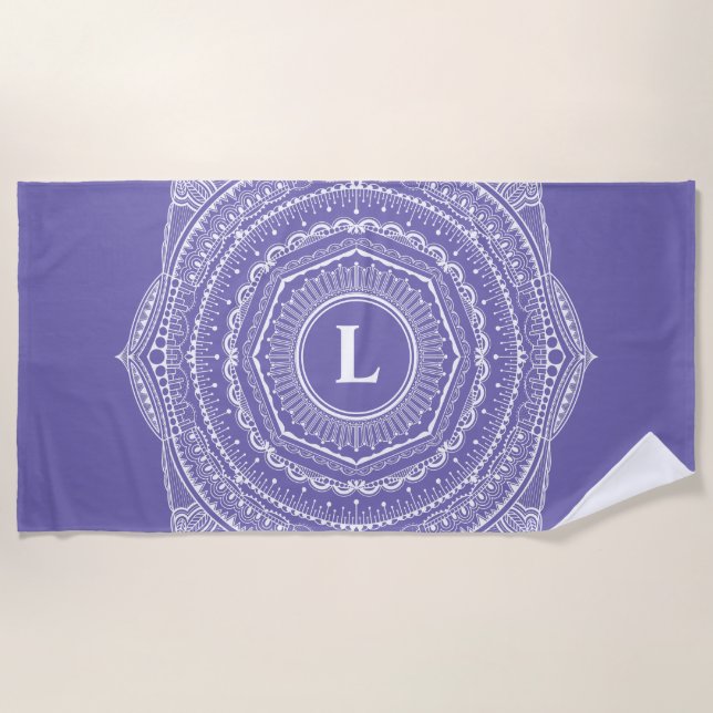 Zen Mandala Monogram Lavender Hand-Drawn Lace Art Beach Towel (Front)