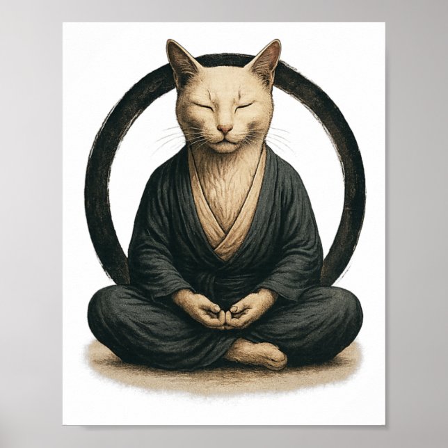 Zen Meditating Cat – Enso Circle Mindful Yoga Art  Poster (Front)