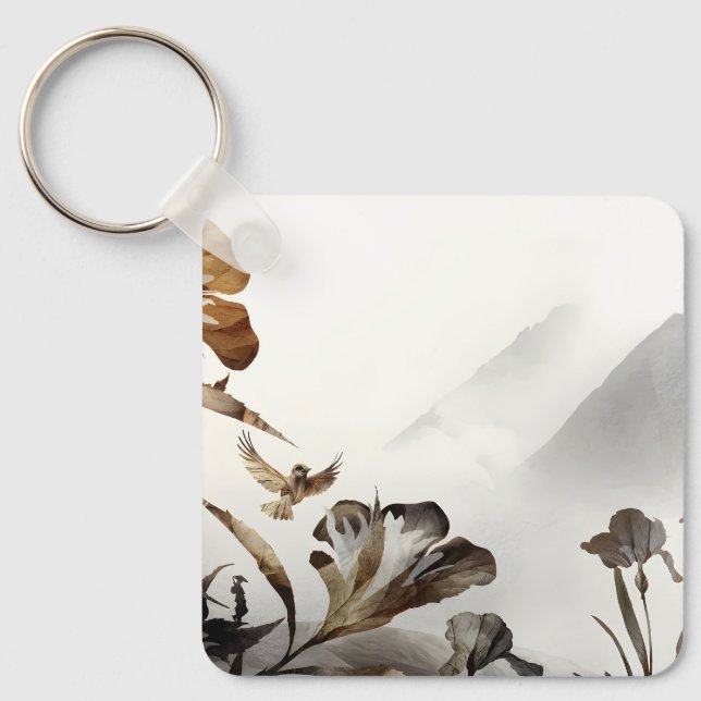 Zen Misty Mountain Birds Minimalist Nature Key Ring (Front)