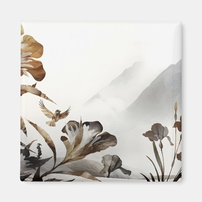 Zen Misty Mountain Birds Minimalist Nature Magnet (Front)