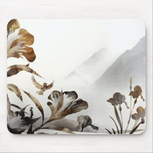 Zen Misty Mountain Birds Minimalist Nature Mouse Pad