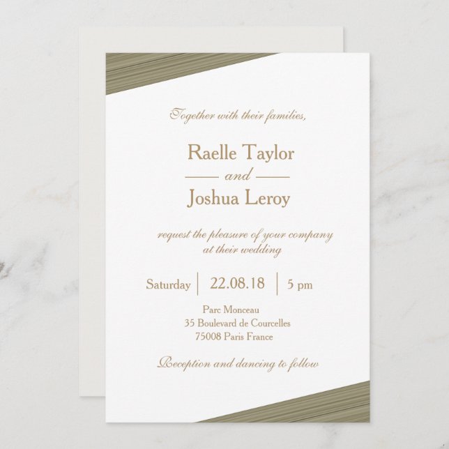 Zen olive gold white grey subtle stripes wedding invitation (Front/Back)