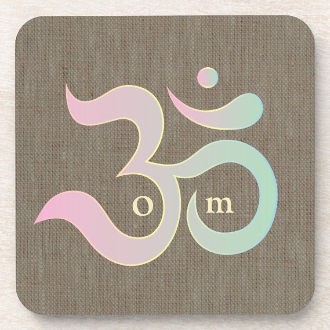Zen Om pink green brown rustic burlap coasters (Front)