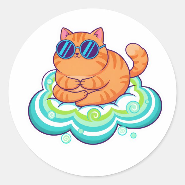 Zen Orange Cat Meditating on Teal Cloud Classic Round Sticker (Front)