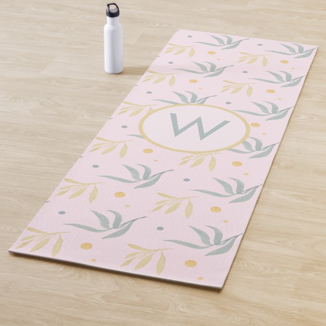 Zen Pastel Pink Botanical Pattern Monogram Yoga Mat (In Situ)
