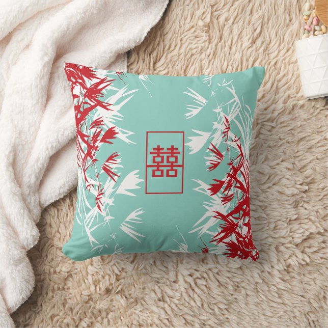 Zen Red Turquoise Bamboo Leaves Double Happiness Cushion (Blanket)