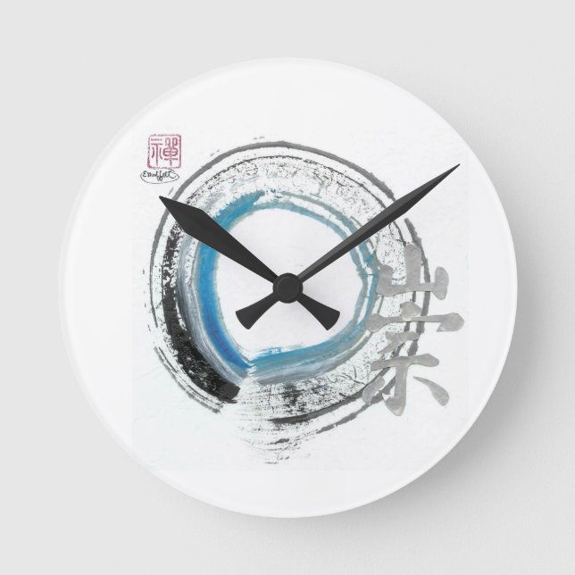 Zen Reverence,  Enso[blue, black, silver tones] Round Clock (Front)