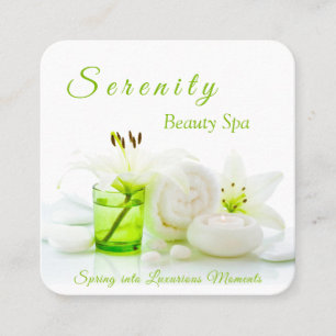 Zen Rocks & Lilly Flower Green & White Beauty Spa Square Business Card